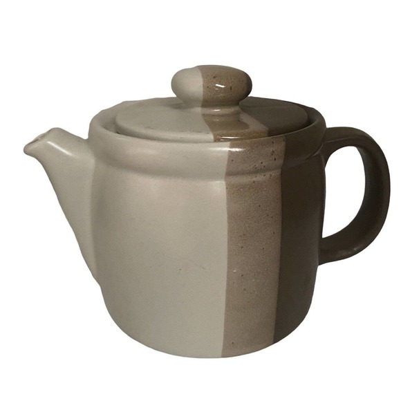 Vintage McCoy Pottery Sandstone Teapot Striped Brown Cream Tan 1418 Signed - Picture 2 of 11